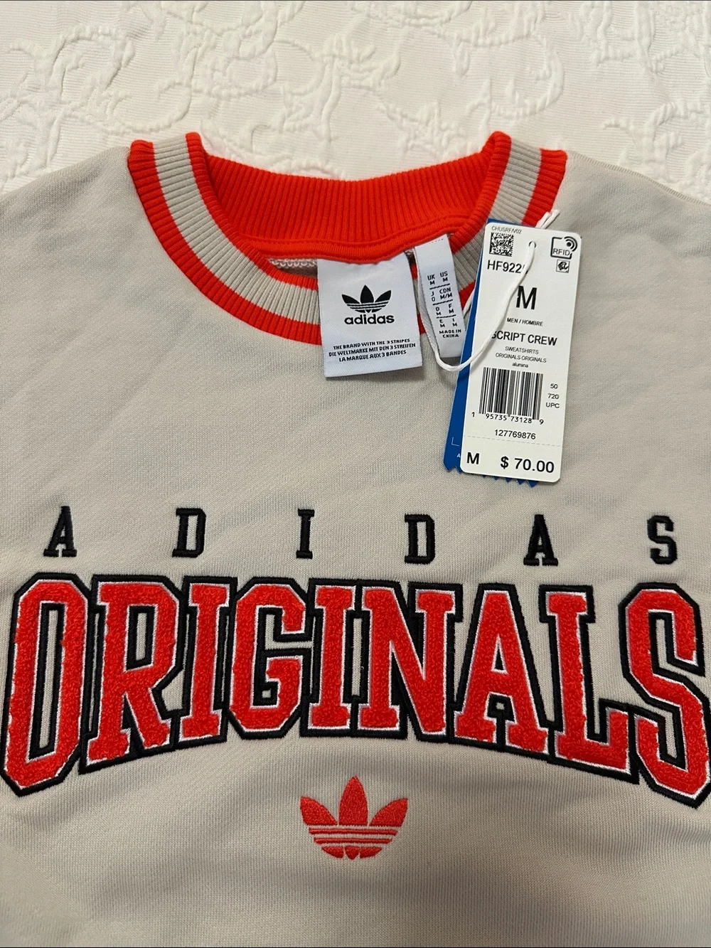 adidas Beige Varsity Crewneck Sweatshirt with Orange Logo and Trim